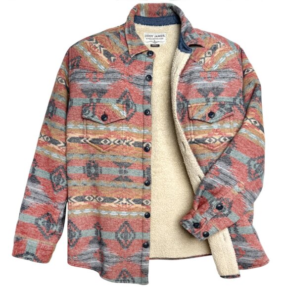 CODY JAMES MEN'S SPOKANE SOUTHWESTERN PRINT SHERPA SHACKET WESTERN RODEO LARGE - Picture 1 of 12